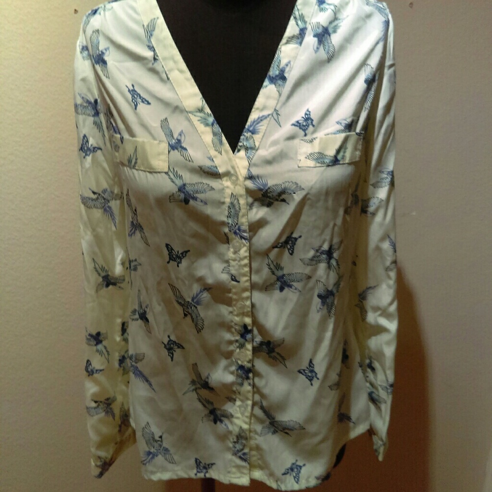 Cream blouse with blue bird design